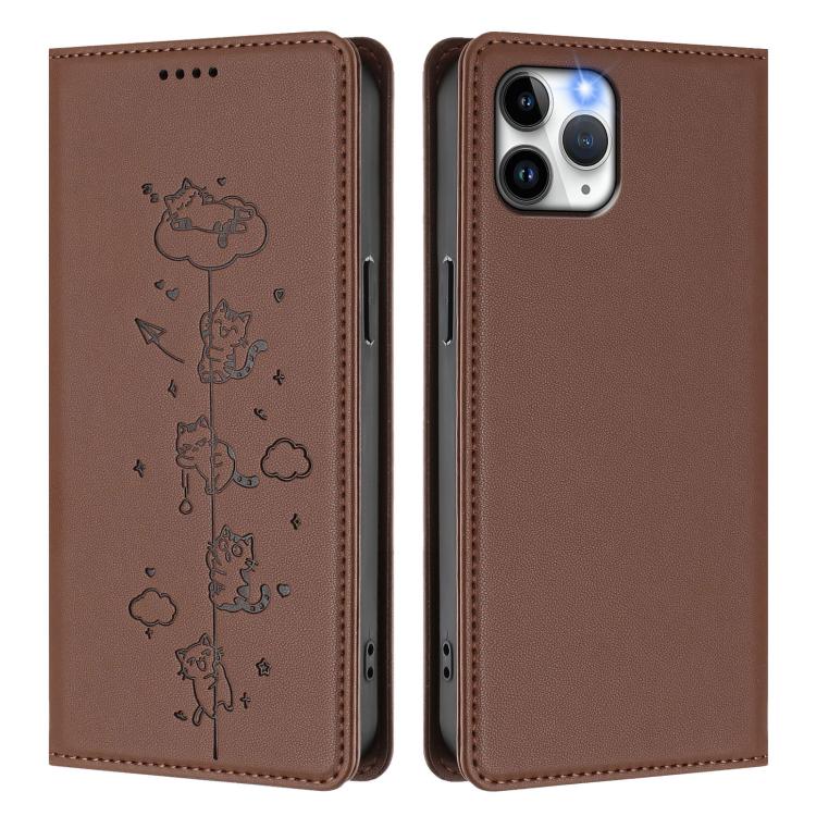 For iPhone 11 Pro Max Cute Cats Embossed Magnetic RFID Vegan Leather Phone Case