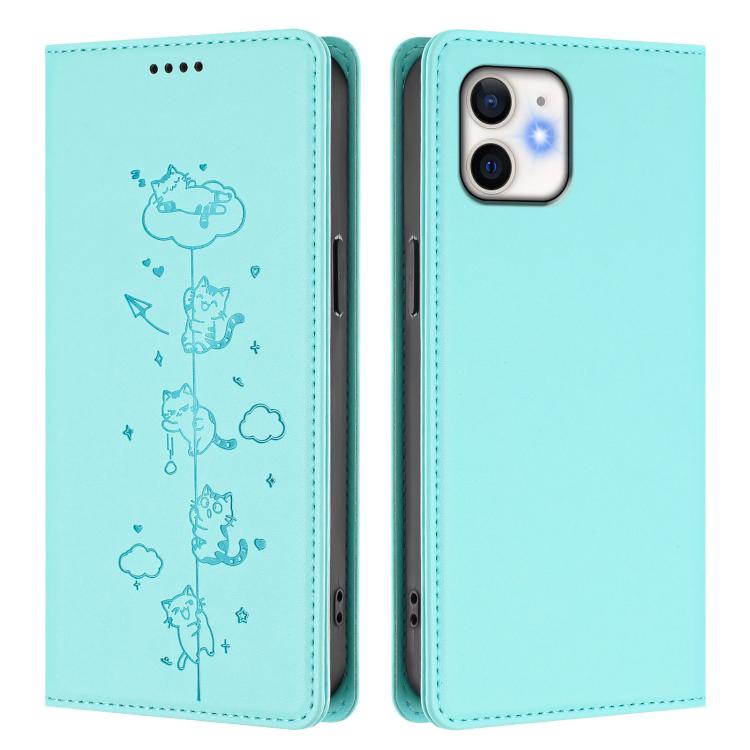 For iPhone 11 Cute Cats Embossed Magnetic RFID Vegan Leather Phone Case