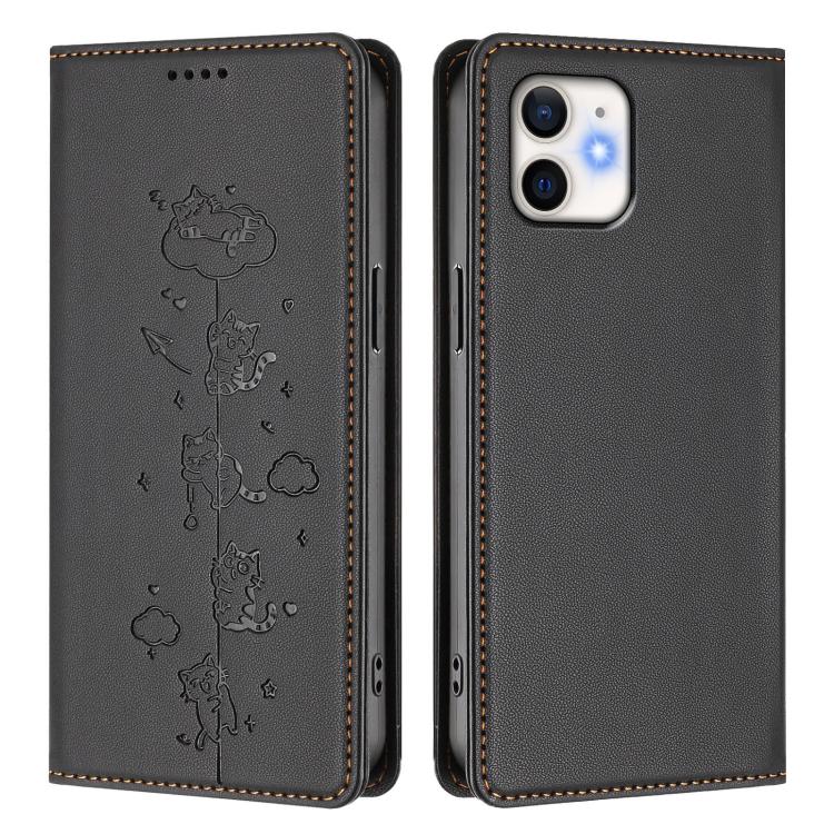 For iPhone 11 Cute Cats Embossed Magnetic RFID Vegan Leather Phone Case