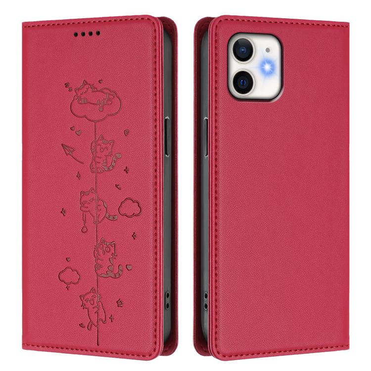 For iPhone 11 Cute Cats Embossed Magnetic RFID Vegan Leather Phone Case