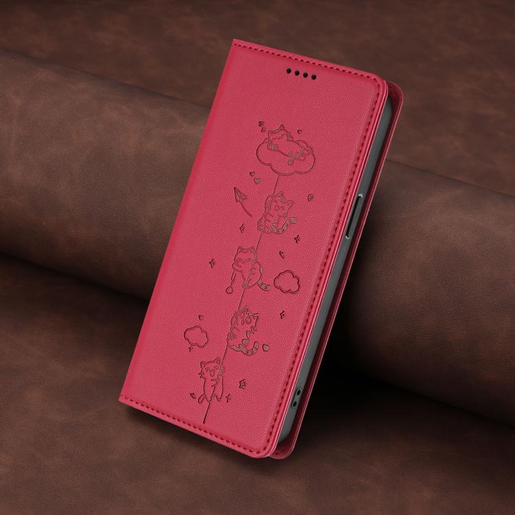 For iPhone 11 Cute Cats Embossed Magnetic RFID Vegan Leather Phone Case
