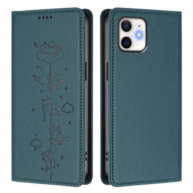For iPhone 11 Cute Cats Embossed Magnetic RFID Vegan Leather Phone Case