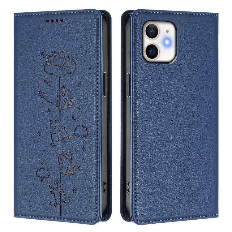 For iPhone 11 Cute Cats Embossed Magnetic RFID Vegan Leather Phone Case