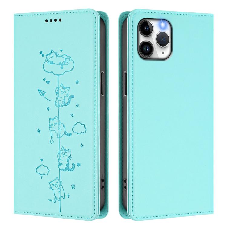 For iPhone 11 Pro Cute Cats Embossed Magnetic RFID Vegan Leather Phone Case