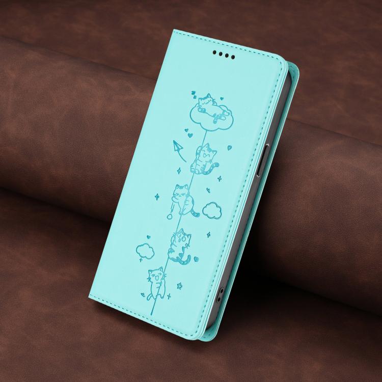 For iPhone 11 Pro Cute Cats Embossed Magnetic RFID Vegan Leather Phone Case