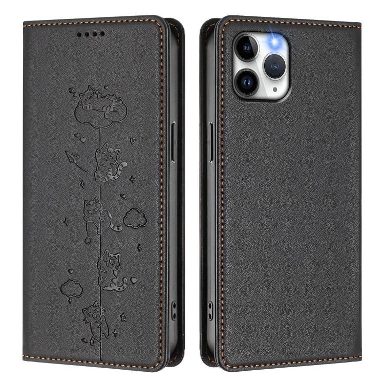 For iPhone 11 Pro Cute Cats Embossed Magnetic RFID Vegan Leather Phone Case