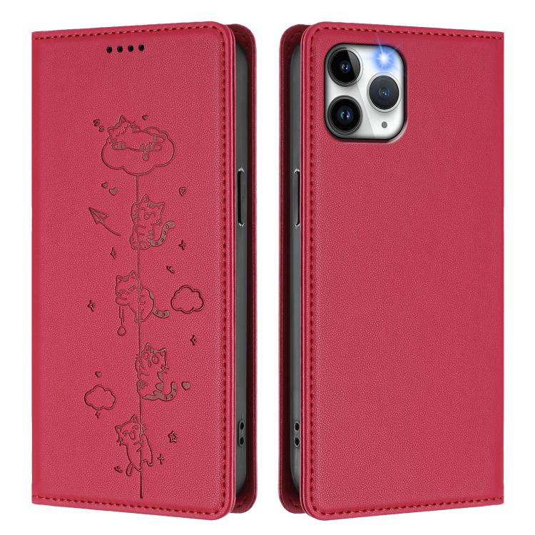 For iPhone 11 Pro Cute Cats Embossed Magnetic RFID Vegan Leather Phone Case