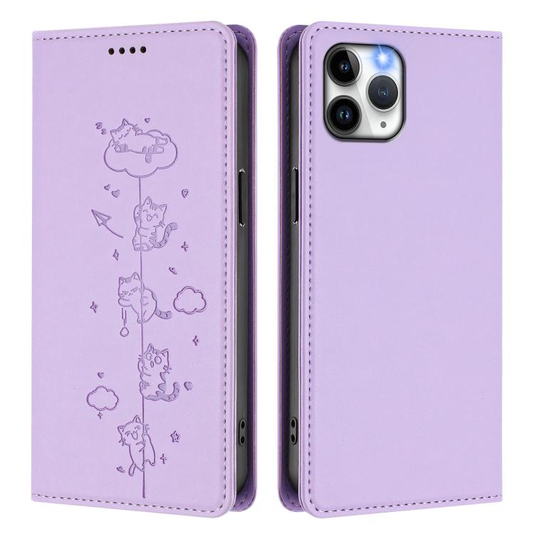 For iPhone 11 Pro Cute Cats Embossed Magnetic RFID Vegan Leather Phone Case