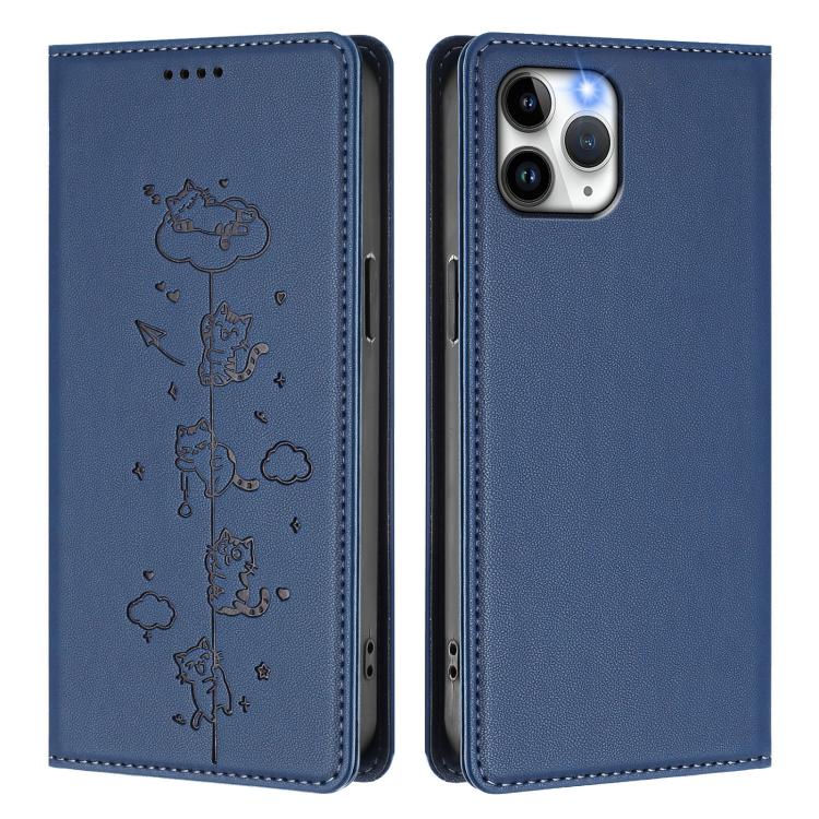 For iPhone 11 Pro Cute Cats Embossed Magnetic RFID Vegan Leather Phone Case