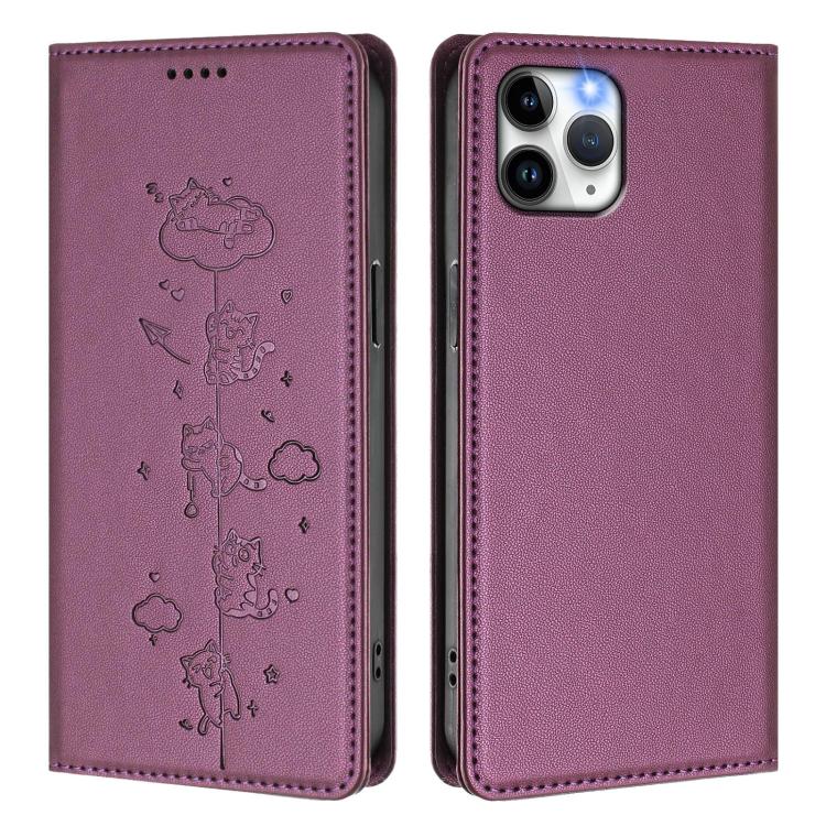 For iPhone 11 Pro Cute Cats Embossed Magnetic RFID Vegan Leather Phone Case