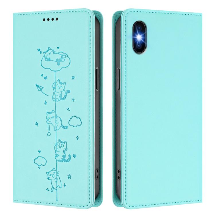 For iPhone X / XS Cute Cats Embossed Magnetic RFID Vegan Leather Phone Case