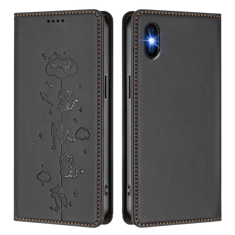 For iPhone X / XS Cute Cats Embossed Magnetic RFID Vegan Leather Phone Case