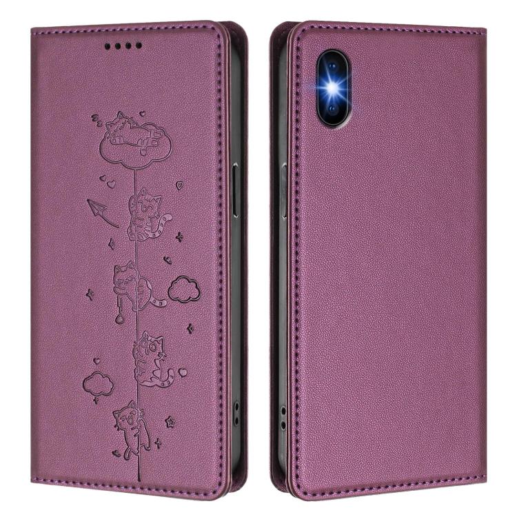For iPhone X / XS Cute Cats Embossed Magnetic RFID Vegan Leather Phone Case