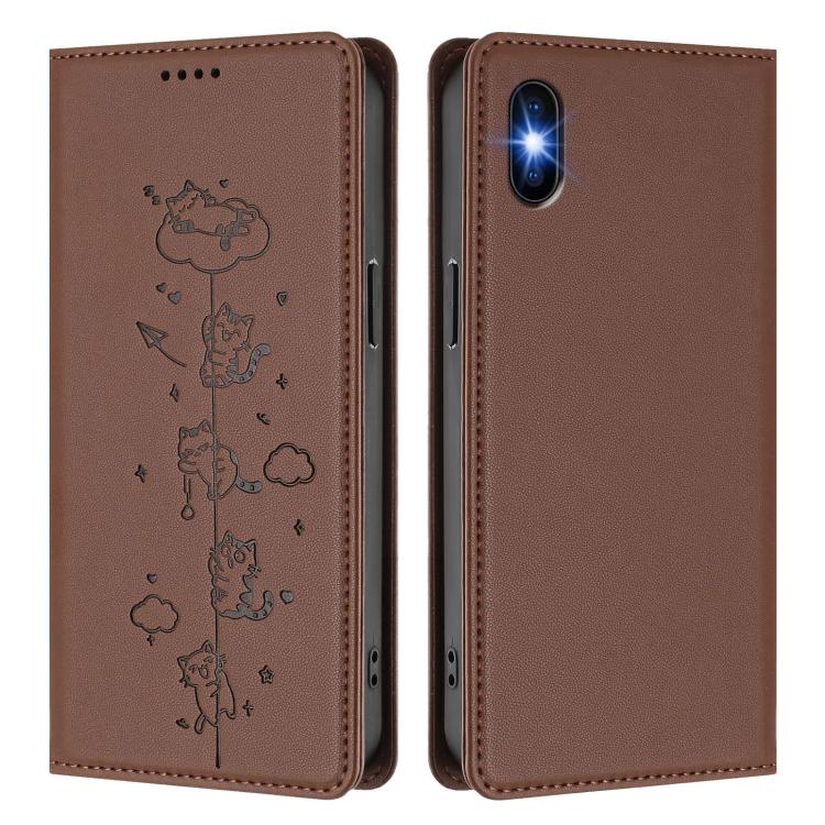 For iPhone X / XS Cute Cats Embossed Magnetic RFID Vegan Leather Phone Case