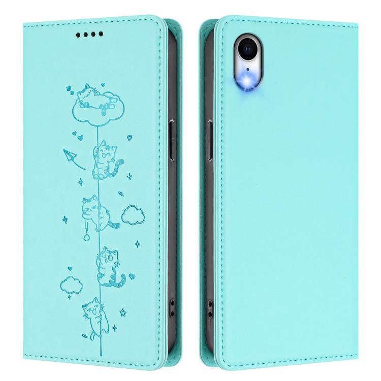 For iPhone XR Cute Cats Embossed Magnetic RFID Vegan Leather Phone Case