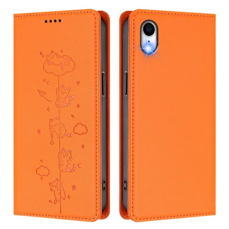 For iPhone XR Cute Cats Embossed Magnetic RFID Vegan Leather Phone Case