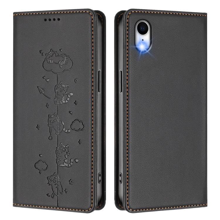 For iPhone XR Cute Cats Embossed Magnetic RFID Vegan Leather Phone Case