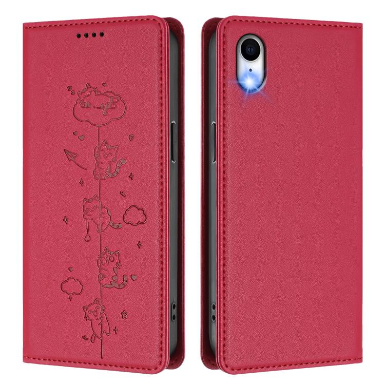 For iPhone XR Cute Cats Embossed Magnetic RFID Vegan Leather Phone Case