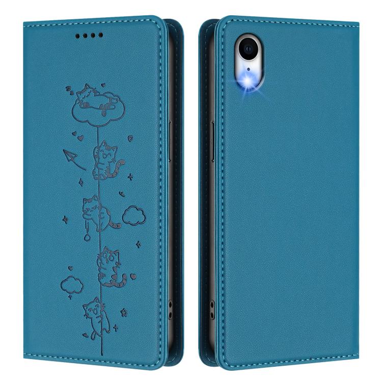 For iPhone XR Cute Cats Embossed Magnetic RFID Vegan Leather Phone Case