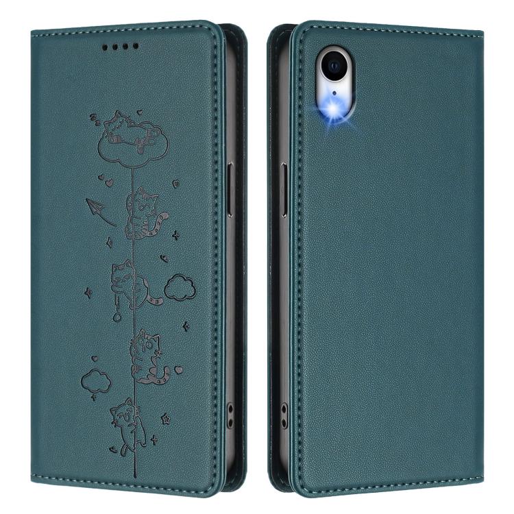 For iPhone XR Cute Cats Embossed Magnetic RFID Vegan Leather Phone Case
