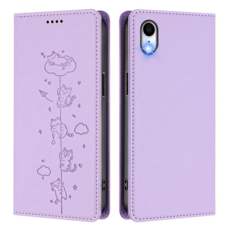 For iPhone XR Cute Cats Embossed Magnetic RFID Vegan Leather Phone Case