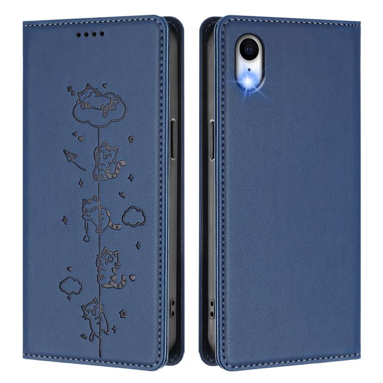 For iPhone XR Cute Cats Embossed Magnetic RFID Vegan Leather Phone Case