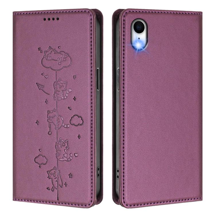 For iPhone XR Cute Cats Embossed Magnetic RFID Vegan Leather Phone Case