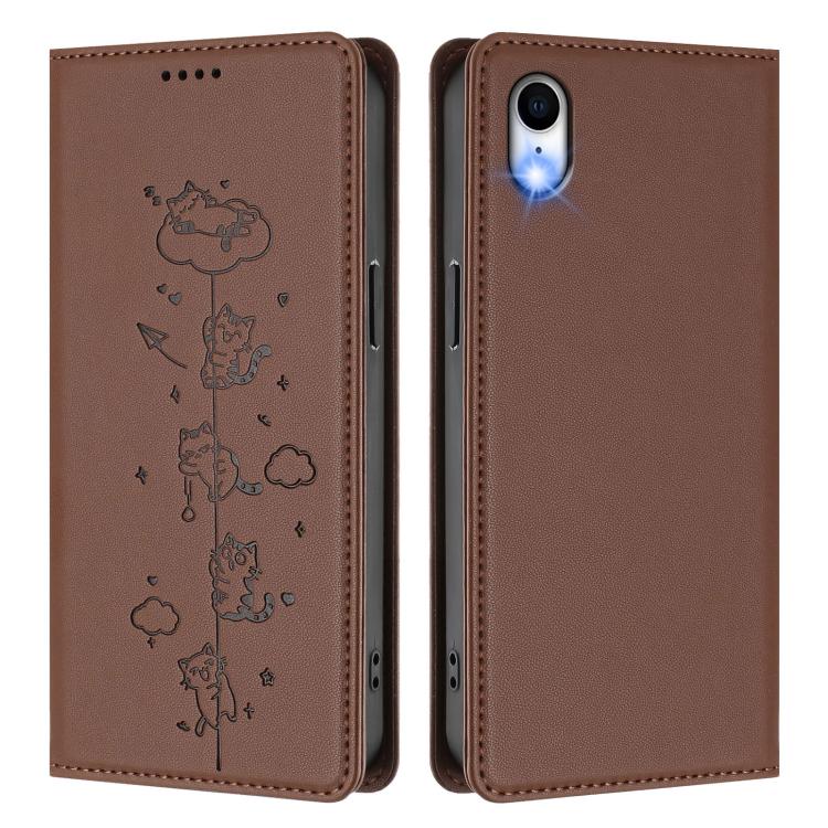 For iPhone XR Cute Cats Embossed Magnetic RFID Vegan Leather Phone Case