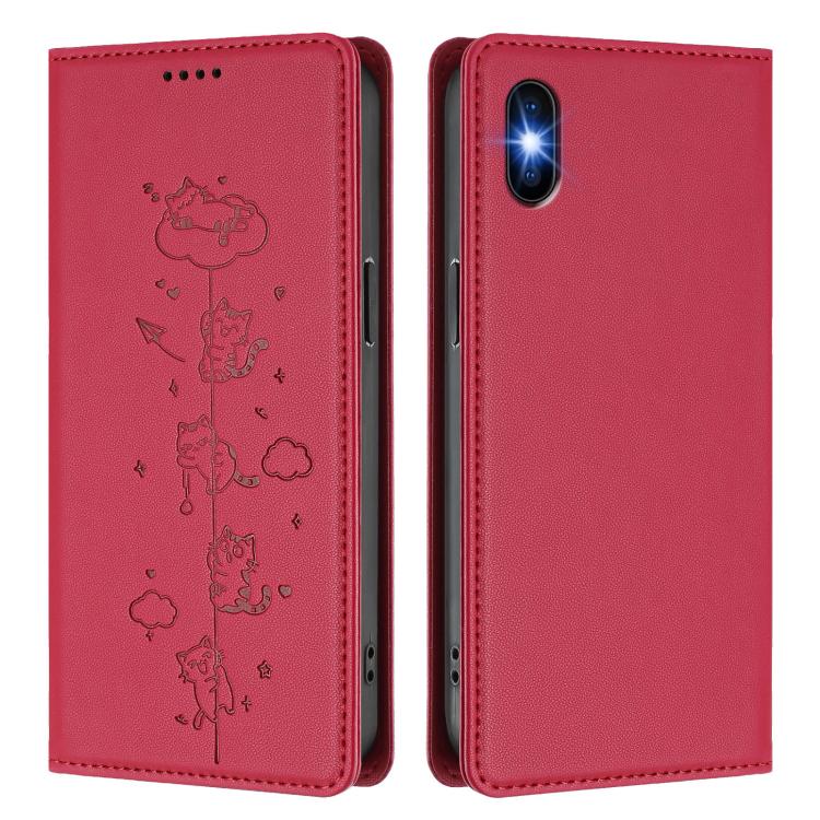 For iPhone XS Max Cute Cats Embossed Magnetic RFID Vegan Leather Phone Case