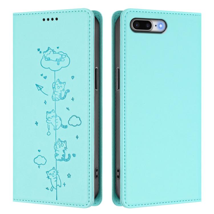 For iPhone 8 Plus / 7 Plus Cute Cats Embossed Magnetic RFID Vegan Leather Phone Case