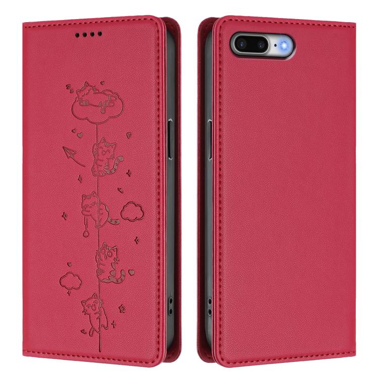 For iPhone 8 Plus / 7 Plus Cute Cats Embossed Magnetic RFID Vegan Leather Phone Case