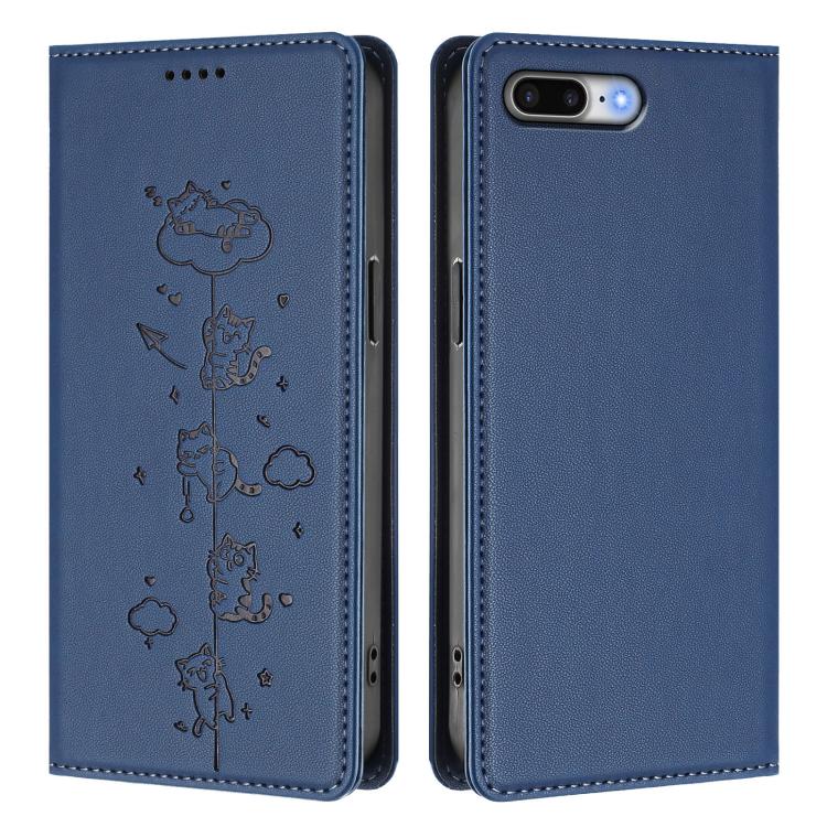 For iPhone 8 Plus / 7 Plus Cute Cats Embossed Magnetic RFID Vegan Leather Phone Case