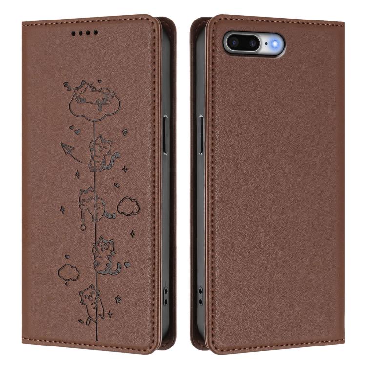 For iPhone 8 Plus / 7 Plus Cute Cats Embossed Magnetic RFID Vegan Leather Phone Case