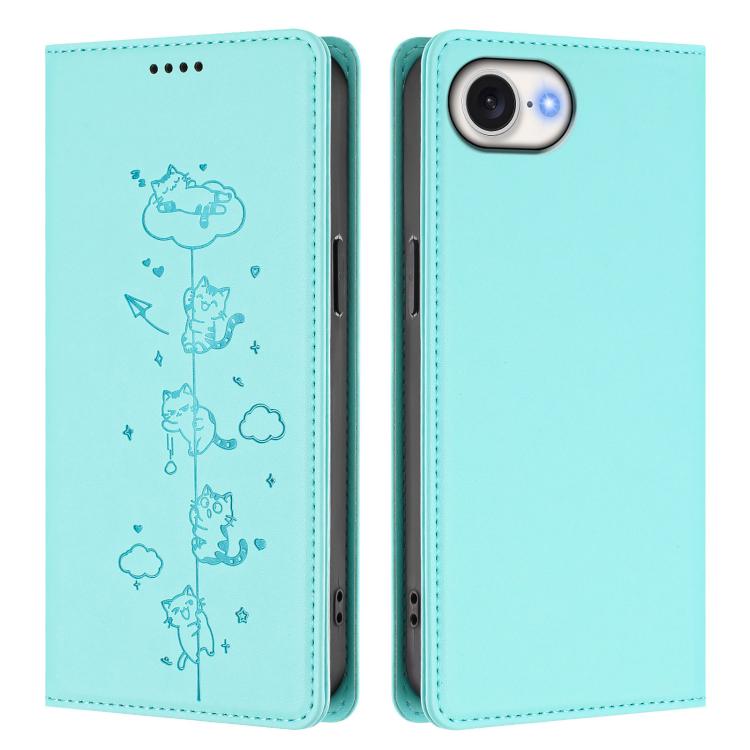 For iPhone 17e / 16e Cute Cats Embossed Magnetic RFID Vegan Leather Phone Case