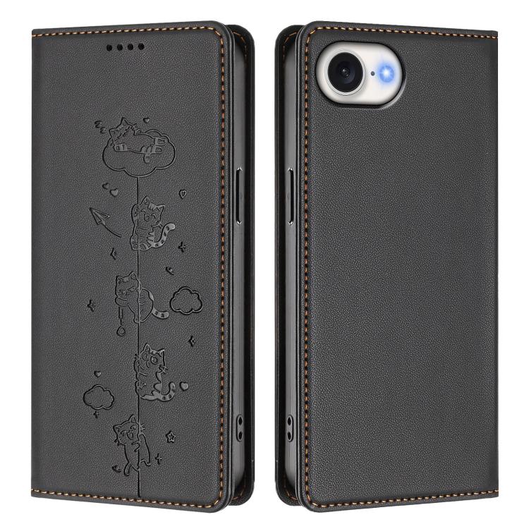 For iPhone 17e / 16e Cute Cats Embossed Magnetic RFID Vegan Leather Phone Case