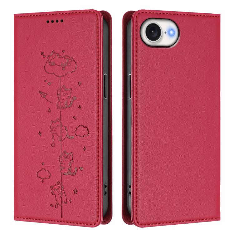 For iPhone 17e / 16e Cute Cats Embossed Magnetic RFID Vegan Leather Phone Case