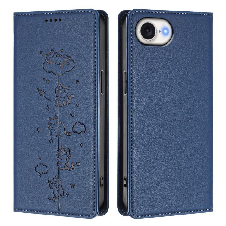 For iPhone 17e / 16e Cute Cats Embossed Magnetic RFID Vegan Leather Phone Case