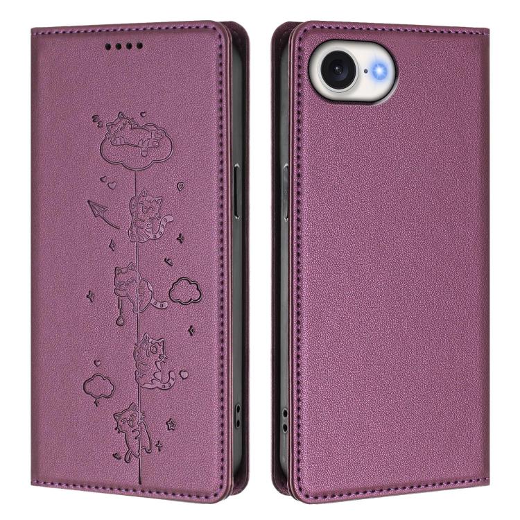For iPhone 17e / 16e Cute Cats Embossed Magnetic RFID Vegan Leather Phone Case