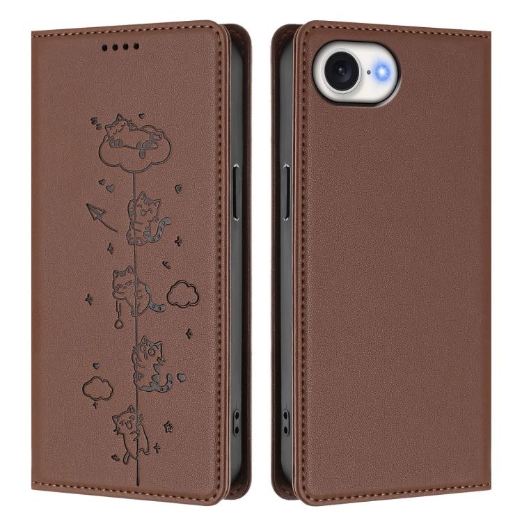 For iPhone 17e / 16e Cute Cats Embossed Magnetic RFID Vegan Leather Phone Case