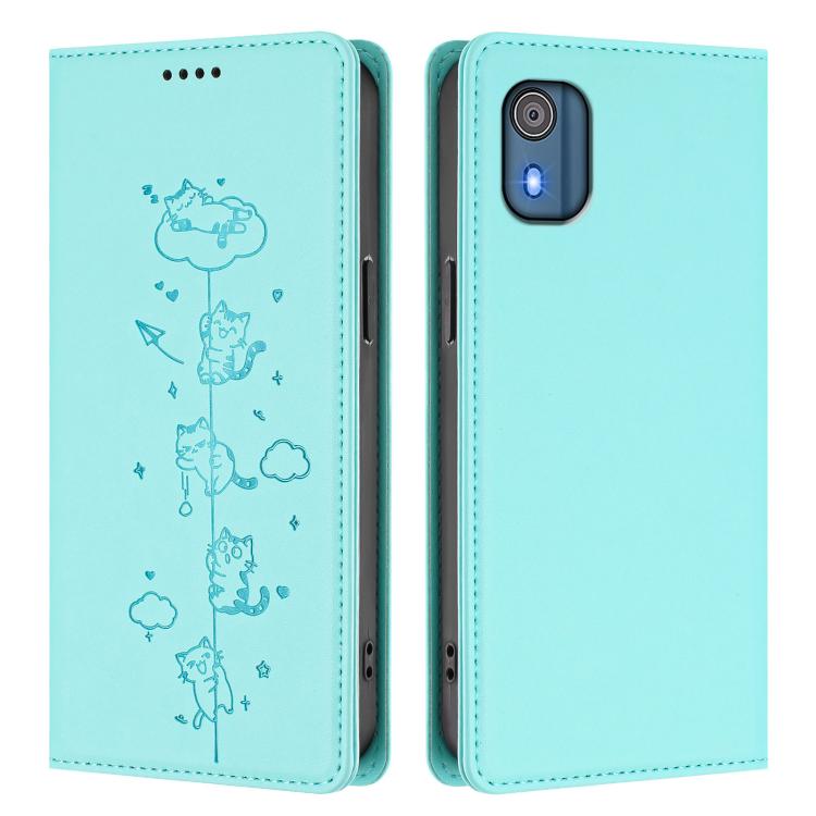 For Nokia C02 Cute Cats Embossed Magnetic RFID Vegan Leather Phone Case