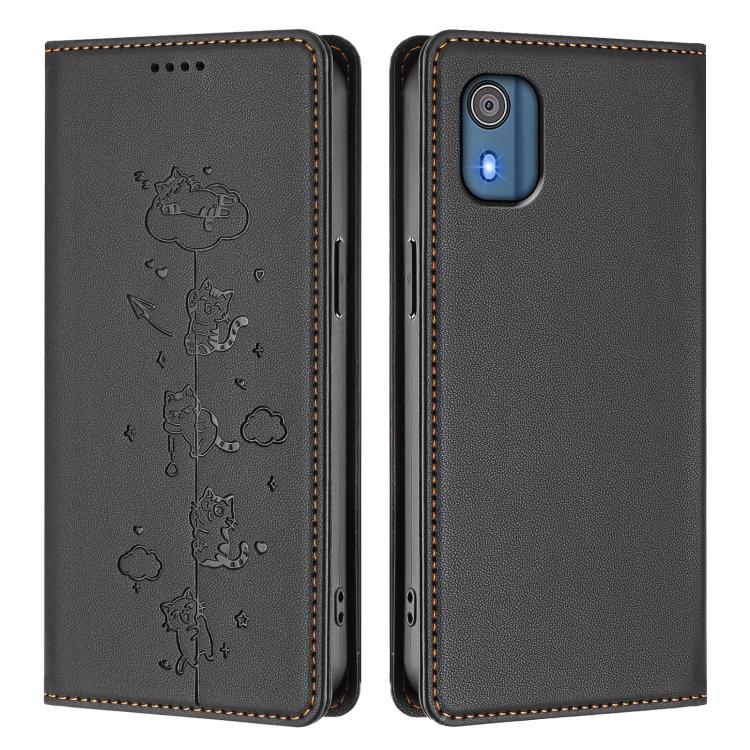 For Nokia C02 Cute Cats Embossed Magnetic RFID Vegan Leather Phone Case