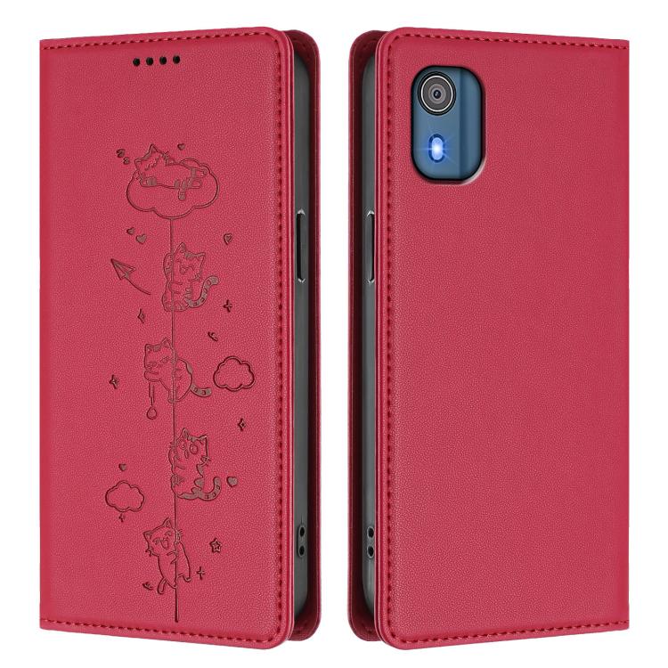 For Nokia C02 Cute Cats Embossed Magnetic RFID Vegan Leather Phone Case