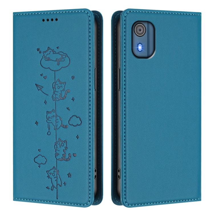 For Nokia C02 Cute Cats Embossed Magnetic RFID Vegan Leather Phone Case