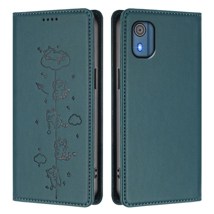 For Nokia C02 Cute Cats Embossed Magnetic RFID Vegan Leather Phone Case