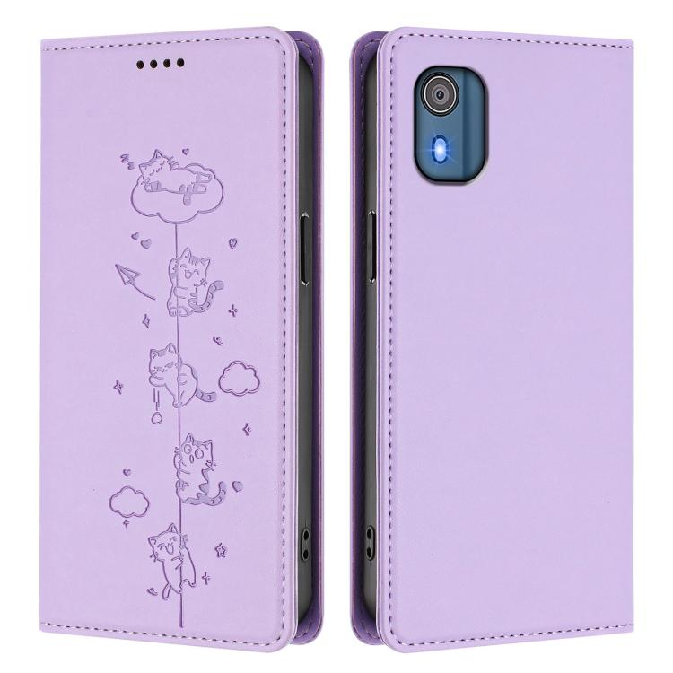 For Nokia C02 Cute Cats Embossed Magnetic RFID Vegan Leather Phone Case