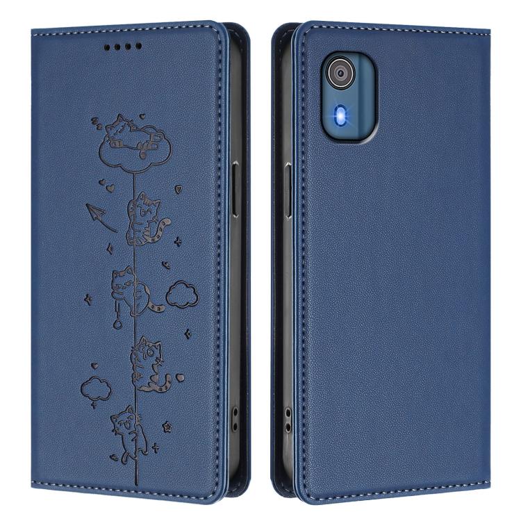 For Nokia C02 Cute Cats Embossed Magnetic RFID Vegan Leather Phone Case
