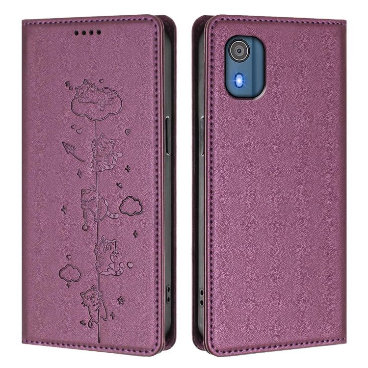 For Nokia C02 Cute Cats Embossed Magnetic RFID Vegan Leather Phone Case