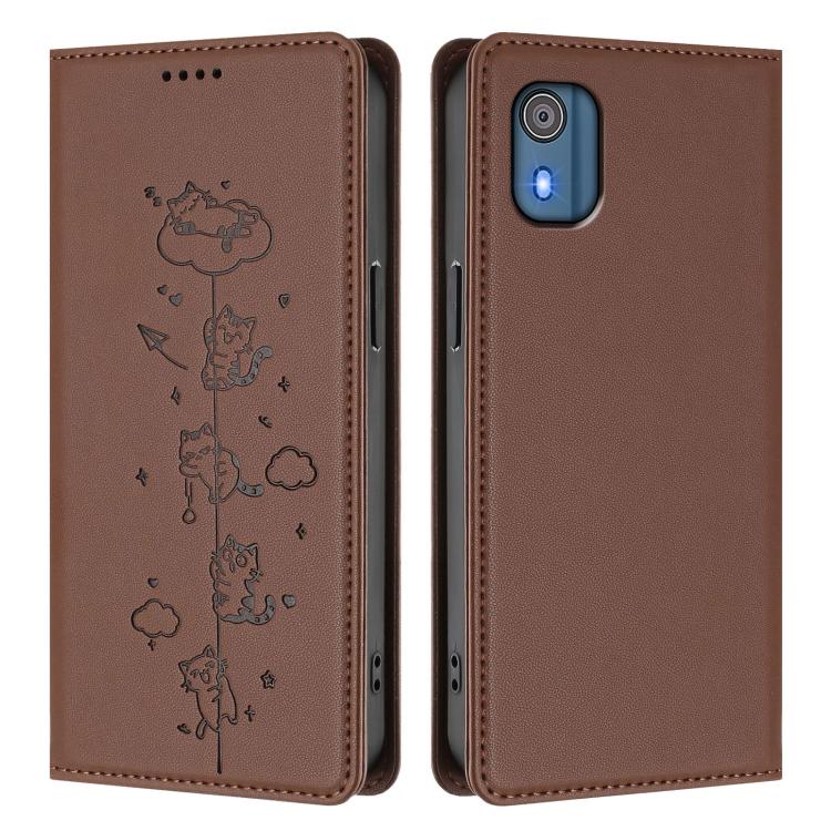 For Nokia C02 Cute Cats Embossed Magnetic RFID Vegan Leather Phone Case