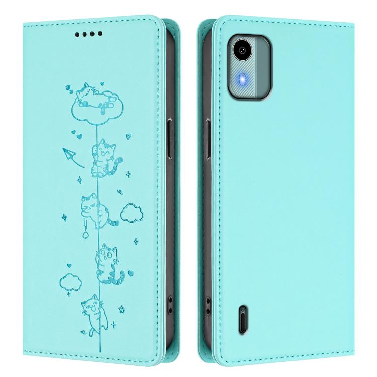 For Nokia C12 Cute Cats Embossed Magnetic RFID Vegan Leather Phone Case