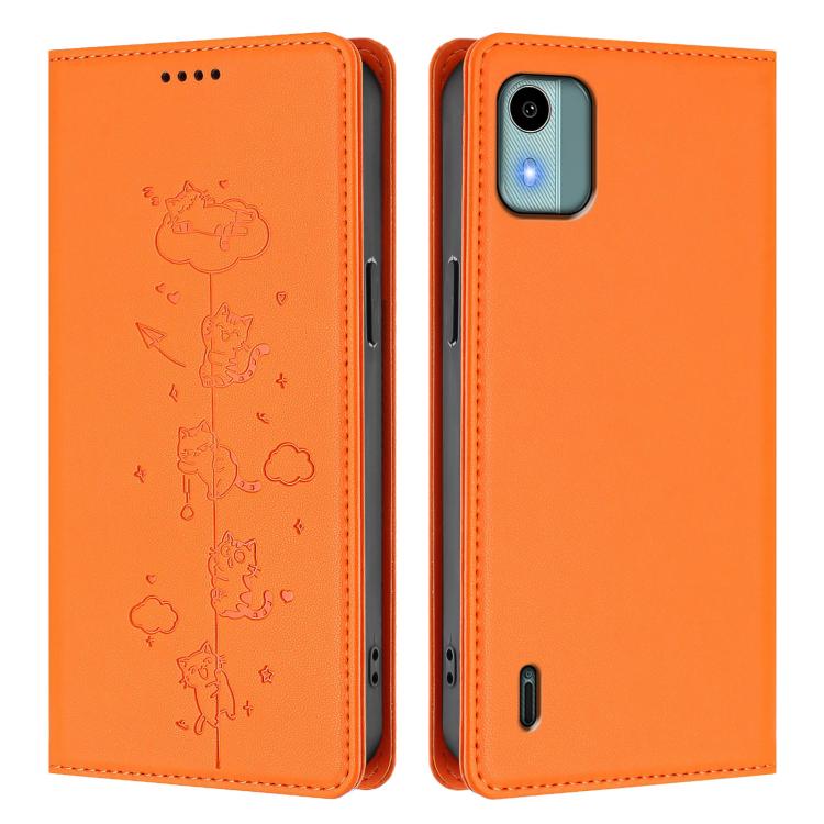 For Nokia C12 Cute Cats Embossed Magnetic RFID Vegan Leather Phone Case